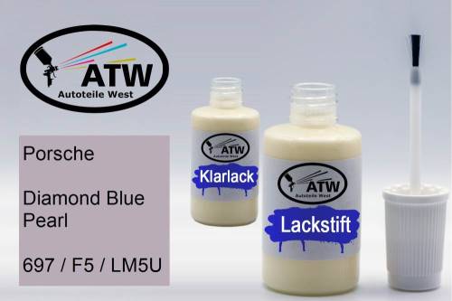 Porsche, Diamond Blue Pearl, 697 / F5 / LM5U: 20ml Lackstift + 20ml Klarlack - Set, von ATW Autoteile West.